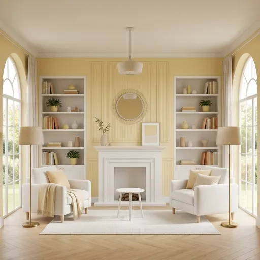 pastel yellow catalog styling — Soft Symmetrical Interior Warmth