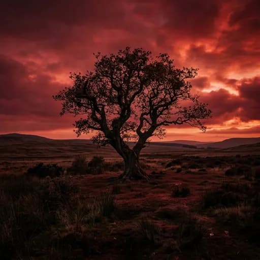 blood red catalog styling — Crimson Shadows Beneath Ancient Boughs