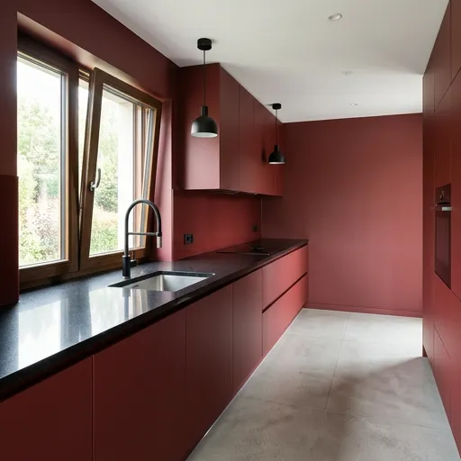 maroon red catalog styling — Sleek Crimson Culinary Space