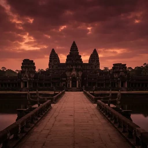 maroon red catalog styling — Ancient Ruins at Dusk