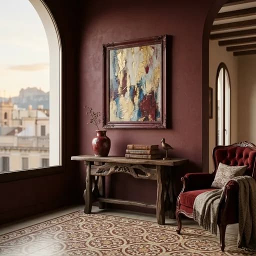 oxblood catalog styling — Whimsical Oxblood Barcelona Elegance