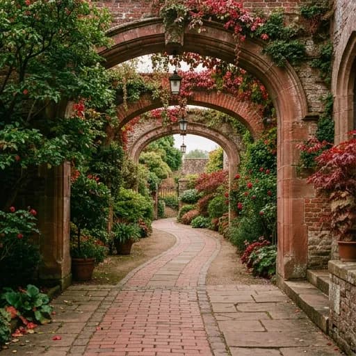 rojo catalog styling — Red Blooms in Stone Passage